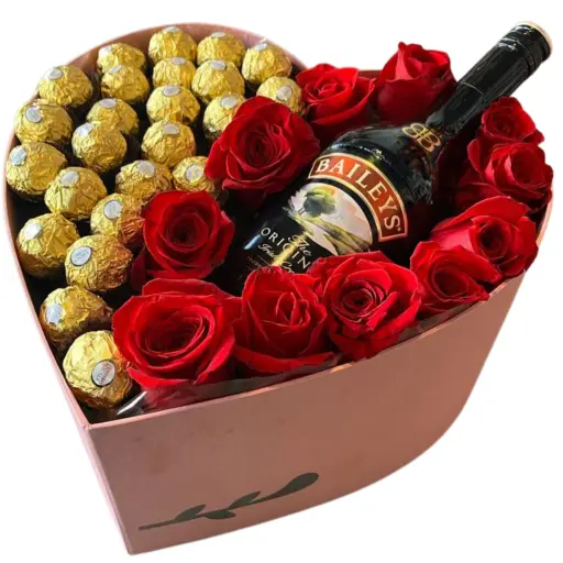 Corazon con rosas rojas importadas chocolate y Baileys